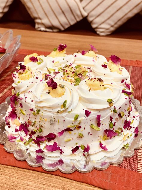 Vanilla almond #Yummy#Whipped cream#pistachio#rose-petal#festival cake#eggless# Fruit Cream Cake, Rose Petal Uses, Rose Petal Cake, Festival Cake, Pistachio Rose, Petal Cake, Fruit Cream, Dry Fruit, Dried Rose Petals