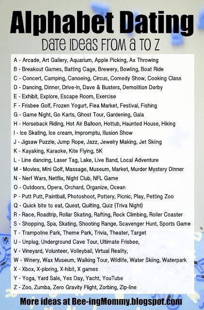 Alphabet Dating list - A to Z Date Ideas Alphabet Dating, Creative Date Night Ideas, Date Night Jar, Day Date Ideas, Romantic Date Night Ideas, Couple Activities, Creative Dates, Cute Date Ideas, Relationship Challenge