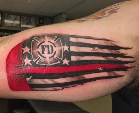 Firefighter Forearm Tattoo, Firefighters Tattoo Ideas, Fallen Firefighter Tattoo, Firefighter Flag Tattoo, Firefighter Tattoos For Women, Fire Fighter Tattoos For Men, Fireman Tattoo Ideas, Fire Department Tattoos, Firefighter Tattoo Sleeve