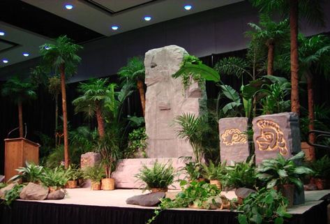 jungle stage                                                                                                                                                                                 More Jungle Book Stage Design, Jungle Stage Design, Safari Vbs, Vbs Jungle, Rock Faces, Jungle Decorations, Vbs Themes, Stage Props, Stage Set Design