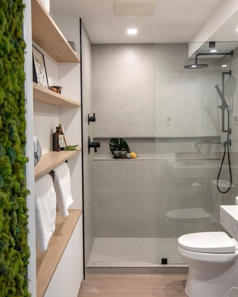 Shower Nook, Spacious Bathroom, Ensuite Shower Room, Sleek Bathroom, Custom Shelving, Bathroom Redesign, Oak Shelves, Luxury Vinyl Plank Flooring, Small Bathroom Design