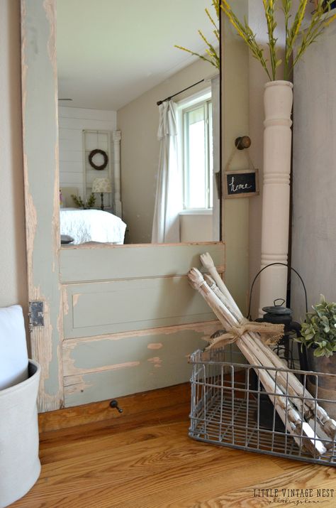 Old door turned into full length wall mirror DIY                                                                                                                                                                                 More Farm Door With Mirror, Full Length Hanging Door Mirror Door, Hanging Old Doors On The Wall, Cheap Door Mirror Makeover Upcycle, Bathroom Partician Using Old Door, Wall Mirrors Entryway, Wall Mirror Diy, Farmhouse Mirrors, Wall Mirror With Shelf