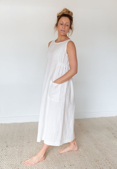 Kimono Sewing Pattern, Linen Style Fashion, Iranian Fashion, Frock For Women, White Cotton Dress, Linen Clothing, Linen Midi Dress, Ladies Clothes, Designer Dresses Casual