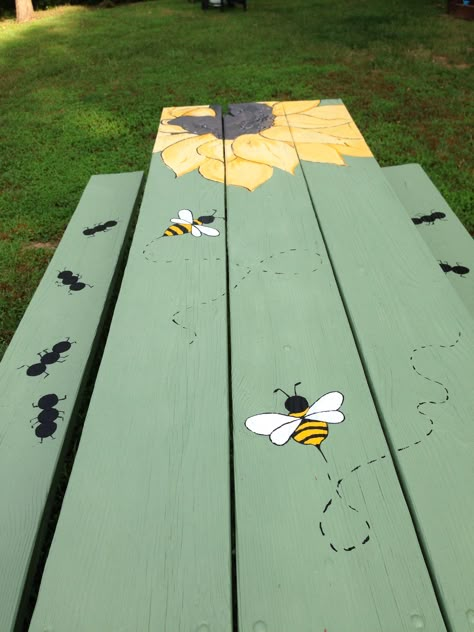 Painted picnic table DIY Painted Picnic Tables, Diy Picnic Table, Painted Chairs, Backyard Fun, Diy Table, Outdoor Projects, Outdoor Fun, Picnic Table, Garden And Yard