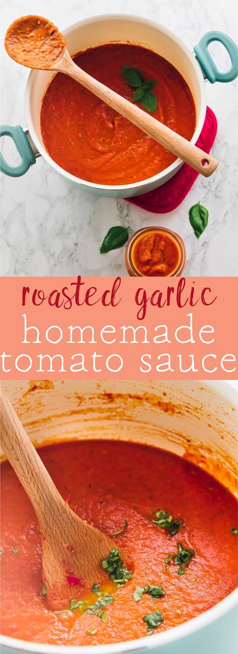 Learn how to make incredibly easy homemade tomato sauce, then use it in everything!! It's taken up an extra notch with the addition of divine homemade garlic. Your kitchen will smell heavenly! Homemade Sweet Tomato Sauce, Homemade Garlic Pasta Sauce, Diy Tomato Sauce, Diy Pasta Sauce, Easy Homemade Tomato Sauce, Tomato Sauce Homemade, Tomato Garlic Sauce, Coconut Chickpea, Roasted Tomato Sauce