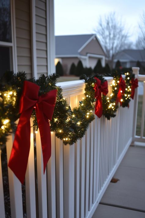 25 Stunning Farmhouse Christmas Porch Decor Ideas Christmas Porch Banister Decorations, Christmas Front Porch Railing, Christmas Porch Light Decor, Garland Front Porch Railing, Porch Christmas Decorations Simple, Porch Banister Christmas Decor, How To Put Christmas Lights On Porch Columns, Christmas Lights On Railing Outdoor, Christmas Lights Deck Railing