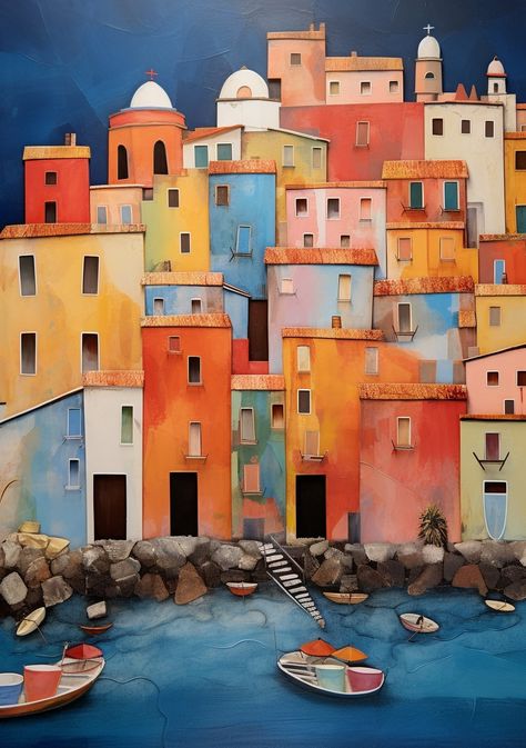 Italian Seaside Town, Cliffs Illustration, Italy Paintings, Sea Reflection, Village Artwork, Coastal Italy, Town Drawing, Village Drawing, Buildings Art