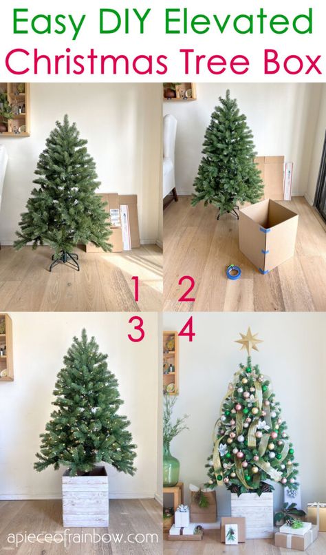 Easy $1 DIY elevated Christmas tree box stand Creative Diy Christmas Tree, Small Christmas Tree Holder, Diy Christmas Tree Stand For Real Tree, Diy Tree Box Stand, Farmhouse Christmas Tree Base, Xmas Tree Box Stand, Small Christmas Tree Stand Ideas, Diy Xmas Tree Stand, Farmhouse Christmas Diy Decor