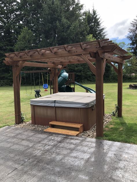 Pergola over hot tub, jasmine vines attached Pergola Patio Hot Tub Ideas, Hot Tub Trellis, Decorate Hot Tub Area, Hot Tub Set Up, Outdoor Hottub Area Privacy, Hot Tub Under Pergola, Deck With Pergola And Hot Tub, Pergola Over Hot Tub, Paver Patio With Hot Tub