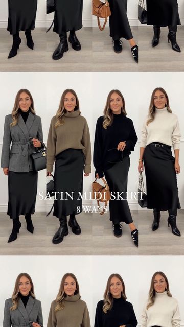 Styling A Satin Midi Skirt, Satin Midi Skirt With Boots, Black Satin Midi Skirt Outfit Winter, How To Style Black Satin Midi Skirt, Satin Midi Skirt Outfits Winter, Styling A Black Satin Midi Skirt, Black Satin Skirt Winter, Midi Skirt And Sweater Outfit, Satin Skirt And Sweater Outfit