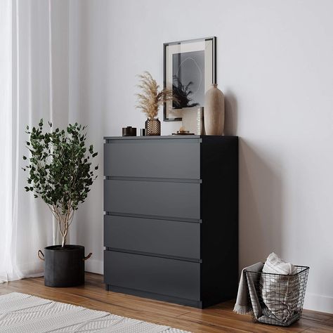 The sleek, clean lines of the no handle design drawers will blend into any room perfectly Chest Drawer Decor Ideas, Klein Balkon Decor, Chest Of Drawers Decor, Drawer Decor, Pine Bedroom Furniture, Chest Cabinet, 4 Drawer Chest, Black Bedroom Furniture, Bedroom Drawers