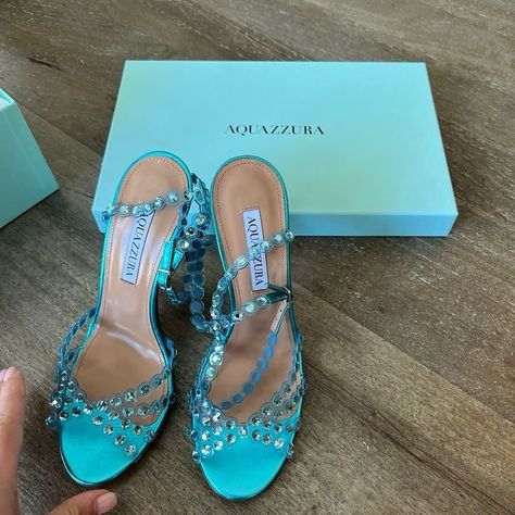 Aquazurra Heels, Aquazzura Tequila, Aquazzura Heels, Aquazzura Shoes, Branding Inspo, Sublimation Ideas, Blue Accessories, Blue Heels, Wedding Heels