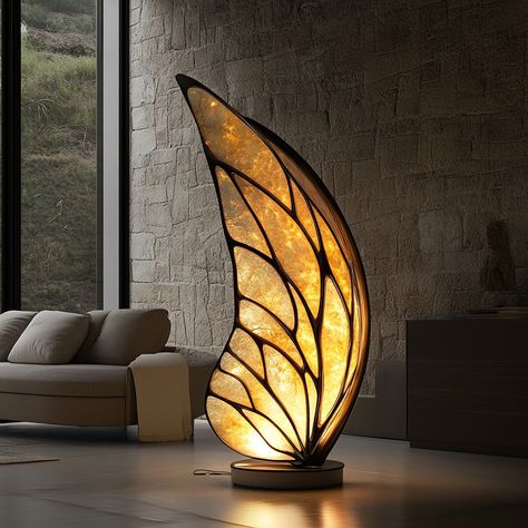 This lamp, inspired by the delicate structure of insect wings, brings a touch of nature’s elegance into your home. The lampshade mimics the intricate patterns found in the wings of dragonflies or butterflies, with translucent panels that softly diffuse light, creating a warm and inviting glow. The design features a lightweight, airy frame that captures the fragility and grace of the natural world, while the lamp’s organic curves and subtle textures evoke the sense of being surrounded by natur... Green And White Bedroom, Organic Interior, Lamp Inspired, Nature Patterns, Insect Wings, Organic Structure, Bamboo Lamp, The Natural World, Light Sculpture