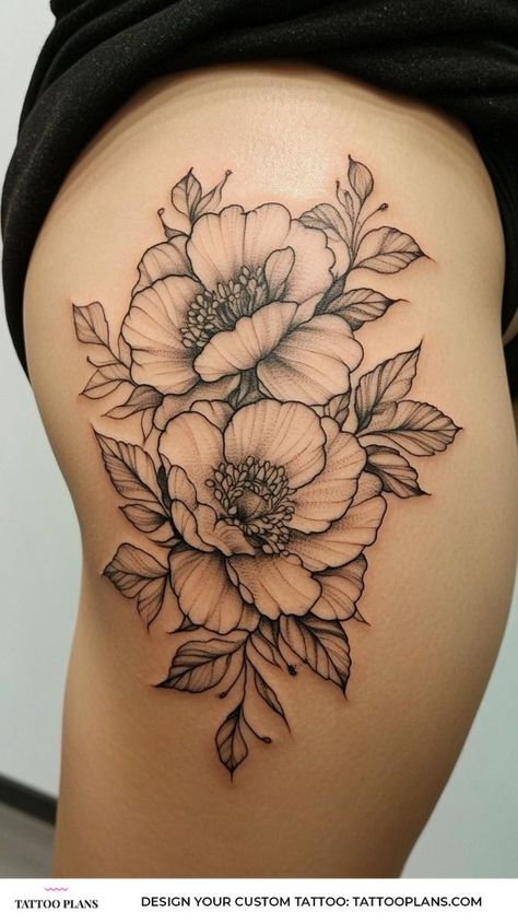 Thigh Tattoos for Women Hips Tattoo Women Side, Female Thigh Tattoos, Thigh Tattoos For Women, Rib Tattoos For Guys, Side Thigh Tattoos, Sun Tattoo Designs, Floral Thigh Tattoos, Hip Tattoos Women, Thigh Tattoos