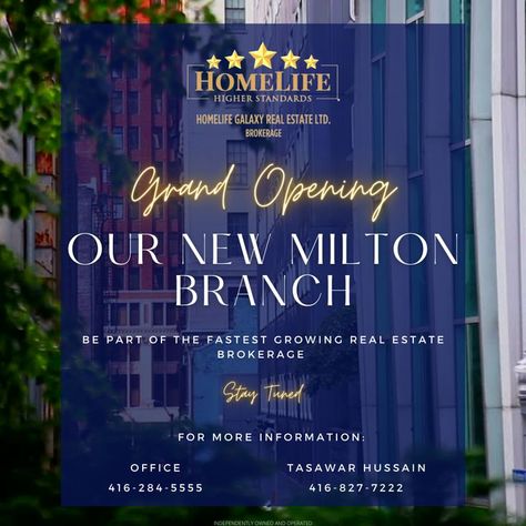 WE are coming to Milton soon! Interested in joining the fastest-growing real estate brokerage? Contact us today @ 416-284-5555 or Tasawar Hussain @ 416-827-7222 Keep posted for more details and exciting news about the Grand Opening of our Milton Branch! #homelifegalaxy #homelife #joinus #newbranch #milton #realestateinmilton #bestbrokerageinmilton #miltonbrokerage Real Estate Post, We Are Coming, Opening Soon, Fast Growing, Exciting News, Grand Opening, Real Estate Brokerage, Chalkboard Quote Art, Real Estate