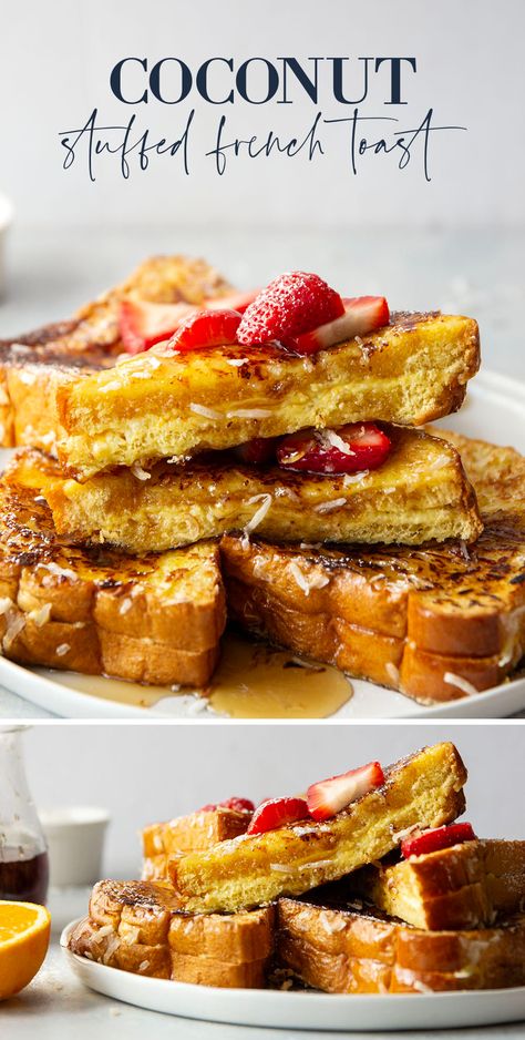 Stuffed with an orange cream cheese and dipped in flaked coconut, this coconut stuffed French toast is easy to make and the best tropical breakfast! Coconut Stuffed French Toast, Coconut French Toast Recipe, Stuffed French Toast Sticks, Healthy 2024, Tropical Breakfast, Coconut French Toast, Orange Cream Cheese, Summer Pie, Pistachio Butter