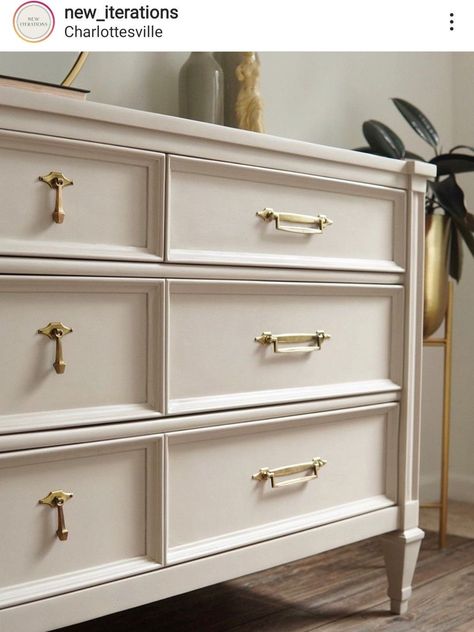 Grey Dresser Gold Hardware, Cream Bedroom Furniture Ideas, Cream Dresser With Gold Hardware, Cream Colored Dresser Painted Furniture, Gold Hardware Dresser, Cream Colored Dresser, Cream Furniture Paint, Beige Dresser Makeover, Cream Dressers Bedroom