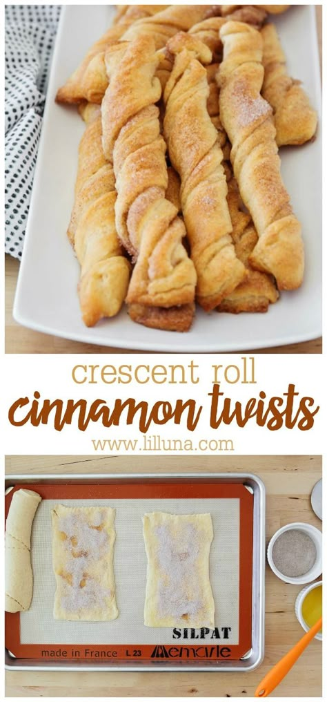 Butter and cinnamon sugar wrapped up in Pillsbury crescent roll dough, twisted, and baked to crispy perfection! Every time we make these quick and easy Cinnamon Twists, they disappear in minutes!! #cinnamontwists #cinnamon #cinnamonrecipes Baklava Cheesecake, Crescent Recipes, Cinnamon Twists, Twisted Recipes, Breakfast Party, Crescent Roll Recipes, Cinnamon Recipes, Crescent Roll Dough, Homemade Donuts