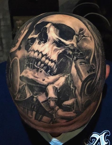 Mens Head Tattoo Ideas, Knee Cap Tattoo Men, Head Tattoos For Men, Skull Head Tattoo, Head Tattoo Men, Good And Evil Tattoos, Darkside Tattoo, Painless Tattoo, Chicano Tattoos Sleeve