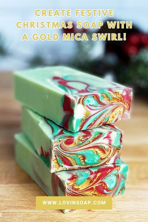 Get ready for the holidays with this handmade Christmas soap featuring a stunning gold mica swirl. Follow this cold process soap recipe tutorial for a beautiful soap design that will be the star of your holiday season. Visit the Lovin' Soap blog for step-by-step instructions and get started with your holiday soaping today! #handmadesoap #christmassoap #holidaysoap #beautifulsoap #soapdesign #coldprocesssoap Christmas Homemade Soap, Christmas Soap Ideas Cold Process, Soap Design, Handmade Soap Recipes, Cold Process Soap Recipes, Holiday Soap, Recipe Tutorial, Christmas Soap, Soap Ideas