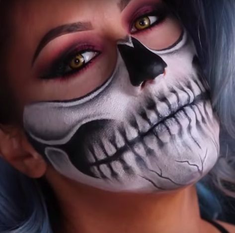 Face, Head, Mouth, Forehead, Cheek, Skull, Jaw, Flesh, Bone, Fictional character, Skull Jaw, Skull Face Makeup, Skeleton Face Paint, Festival Eye Makeup, Glam Skull, Halloween Make-up Looks, Skeleton Makeup, Halloween Figures, Make Up Videos