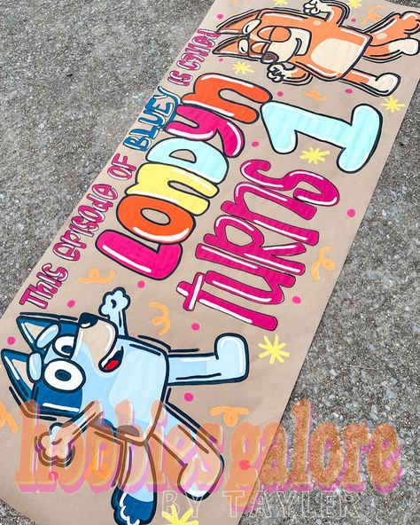 Happy FIRST birthday, Londyn girl! This was my first time doing the Bluey theme & it turned out so cute! With colors & wording specific to her invite, it should fit into the party perfectly! #bluey #blueybirthday #kidsparty #partythemesforkids #handpainted #paintedbanner #kraftpaperbanner #partydecor #characterparties #smallbusiness #smallartists Bluey Painted Banner, Bluey Banner Birthday, Bluey First Birthday Party Ideas, Paper Banner Diy, Bluey Banner, Bluey Birthday Banner, Brown Paper Signs, Banner Painting, Painted Banners