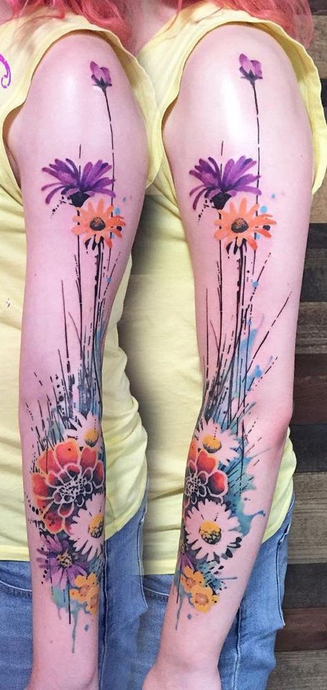 Watercolor flower sleeve tattoo - Flower tattoos could have different meanings depending on the culture of your place. For example in Japan, it’s commonly a design for the most prominent. The meaning of your tattoo could also differ according to the kind of flower you picked for the design. Arabella Drummond, Womans Outfit, Tattoos Polynesian, Watercolor Tattoo Sleeve, Womans Hair, Tattoos Japanese, Tattoos Hand, Drawing Girls, Ink Therapy