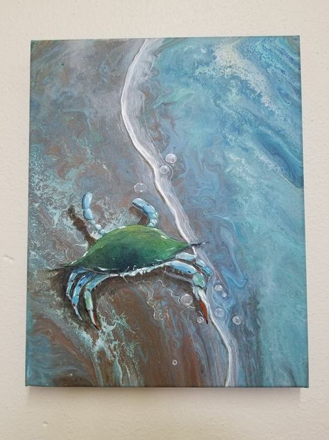 Crab Painting Acrylics Easy, Crab Painting Acrylics, Crab Painting, Beachy Art, Sketchbook Challenge, Crab Art, Oyster Shell Crafts, Sea Life Art, Paint Pouring