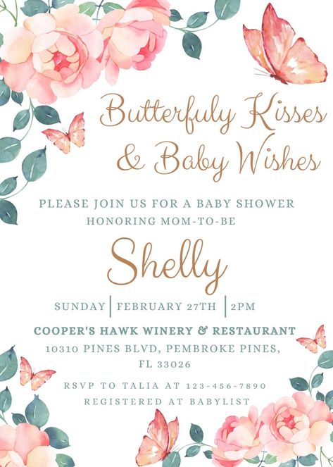 Butterfly Kisses & Baby Wishes Baby Shower Invitation | Etsy Baby Wishes, Baby Kiss, Birthday Name, Butterfly Kisses, Baby List, Wishes For Baby, Beautiful Invitations, Good Times Roll, Time Design