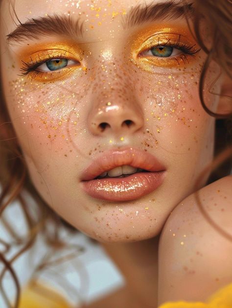 Summer / Fall Makeup Ideas 😍🥰 #eyeshadow #inspo #designs #looks #makeup #tutorial Summer Goddess Makeup, Yellow Gold Eye Makeup, Gold Sun Makeup, Leo Makeup Looks, Sunrise Makeup Looks, Golden Eye Makeup Look, Yellow Make Up, Gold Fairy Makeup, Honey Makeup Look