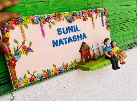 Handmade Name Plates For Home Diy, Clay Name Plates For Home, Name Plates For Home Diy, Ideas With Clay, Paper Wall Art Diy, Plates Design, Painted Mirror Art, Diy First Aid Kit, Handmade Wall Hangings