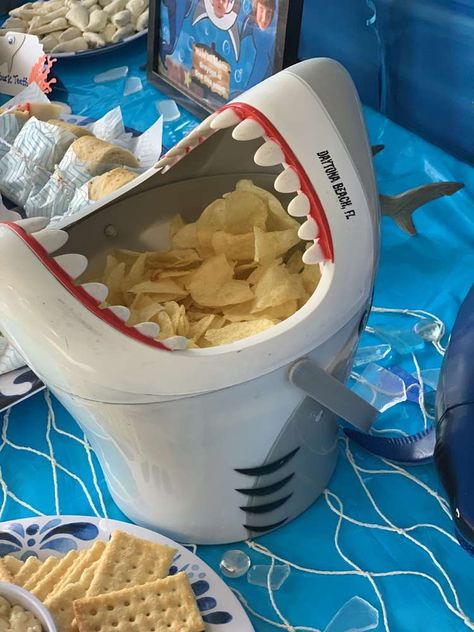 Shark Party Food, Sharks Birthday Party, Shark Party Foods, Jaws Party, Shark Week Party, Shark Birthday Cakes, Shark Themed Party, Sea Party Ideas, Shark Themed Birthday Party