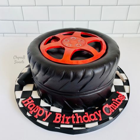 ‘Where the “Cake” meets the road.’ Manufactured in Chyna B’s Cake Studio! #tirecake #wheelcake #birthdaycake #carcake #chynabsweets #fathersdaycake Tire Cake No Fondant, Boyfriend Birthday Cake Ideas, Kids Construction Cake, Volkswagen Cake, Tyre Cake, F1 Cake, Marble Fondant, Ferrari Cake, Checkered Cake