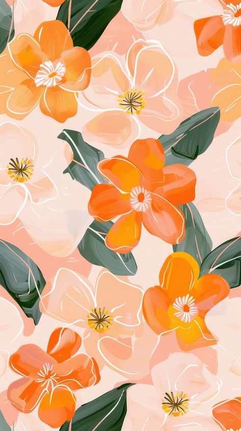 Free People Aesthetic Wallpaper, Flower Preppy Wallpaper, Bright Flowers Aesthetic, Orange Aesthetic Wallpaper Iphone, Floral Print Design Pattern, Cute Orange Aesthetic, Orange Flower Background, Plant Iphone Wallpaper, Orange And Green Aesthetic