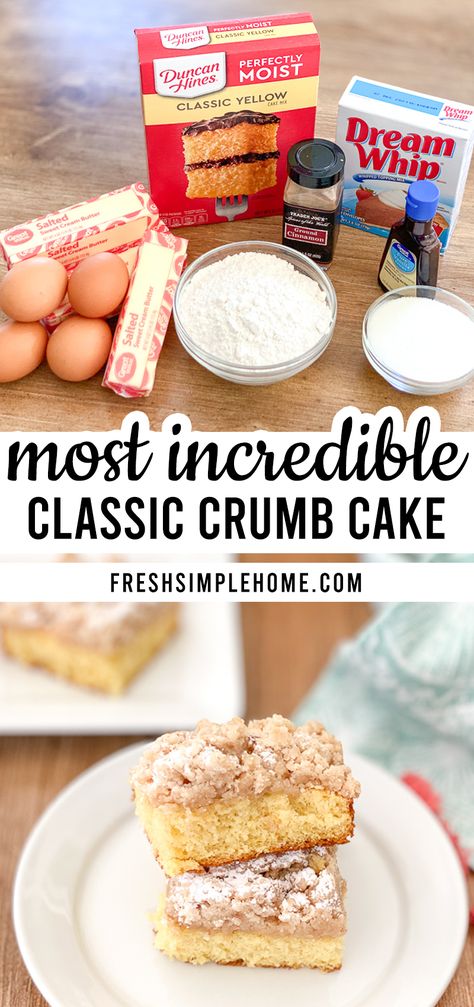 Buttery Crumb Cake, Yellow Cake Mix Crumb Cake, Crumb Cake From Box Cake, Crumb Cake Recipe Box Cake, Cuppa Cake Recipe, Crumb Cake With Box Cake, Dream Whip Recipes, Dream Whip Cake Recipe, Easy Crumb Cake Recipe