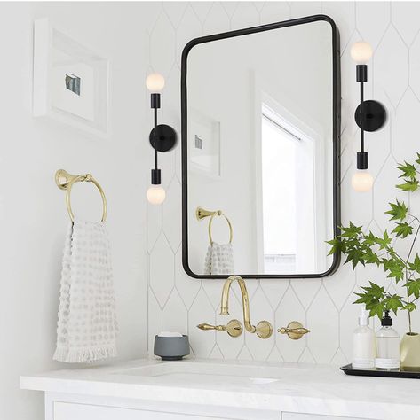 Check out these modern matte black 2 light wall mount sconce. Chrome and gold options! Rustic Vanity Lights, Black Bathroom Light Fixtures, Bathroom Lights Over Mirror, Black Bathroom Light, Living Room Vanity, Porch Light Fixtures, Black Vanity Bathroom, Farmhouse Bathroom Vanity, Industrial Wall Lamp