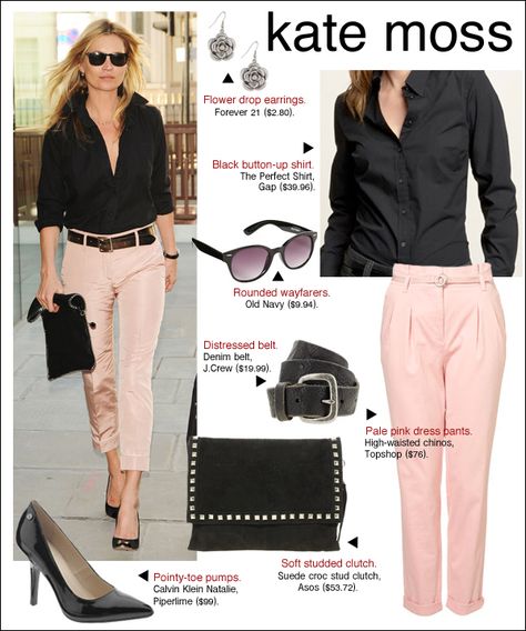 kate moss style, kate moss pink pants, kate moss stella mccartney Pink Trousers Outfit, Pale Pink Pants, Pink Pants Outfit, Light Pink Pants, Kate Moss Style, Pink Chinos, Black Button Up Shirt, Mode Tips, Pink Trousers