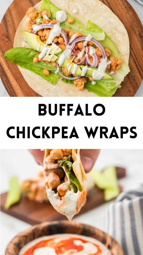 These buffalo chickpea wraps are quick, easy, vegan, and just the best! They are perfect for a simple and filling lunch or dinner that is packed with flavor. A little spicy heat from the hot sauce mixed with the creaminess of a delicious vegan ranch. Life couldn't get better! Vegan Ranch Dressing, Filling Lunch, Plant Based Yogurt, Plant Based Recipes Dinner, Gluten Free Tortillas, Vegan Wraps, Vegan Ranch, Avocado Slices, Red Onion Salad