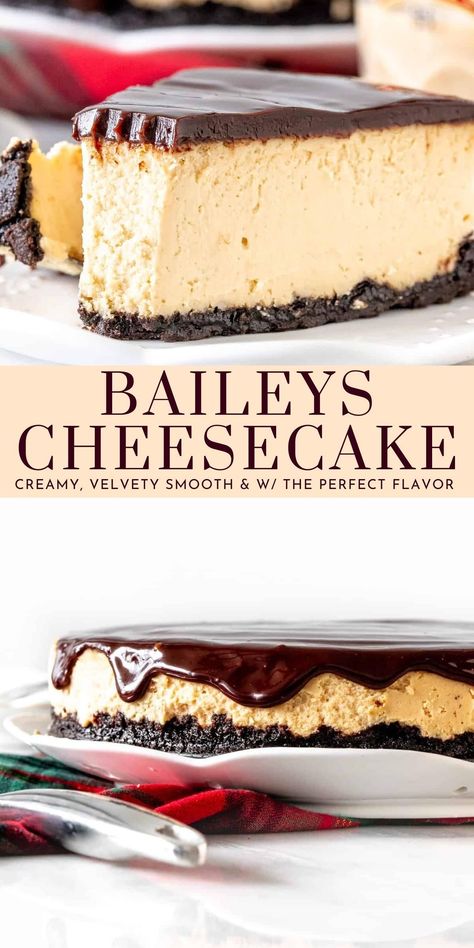 This Baileys cheesecake is creamy and lightly tangy with the perfect Irish cream flavor. It has a velvety smooth texture, crunchy Oreo crust, and Baileys infused chocolate ganache on top #baileys #cheesecake #irishcream #recipe from Just So Tasty https://www.justsotasty.com/baileys-cheesecake-the-ultimate-irish-cream-dessert/ Irish Cheesecake, Irish Cream Desserts, Baileys Irish Cream Recipes, Irish Cream Recipe, Baileys Cheesecake, Baileys Recipes, Favorite Christmas Recipes, Oreo Cookie Crust, Boozy Desserts