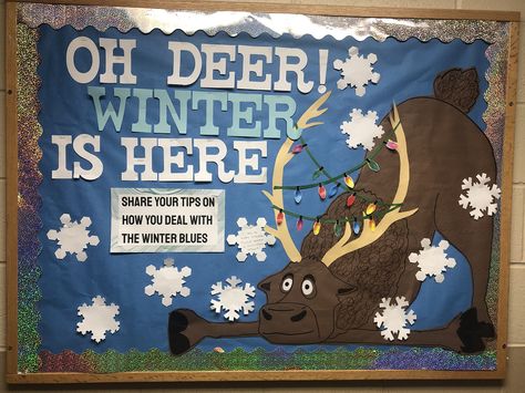 Winter bulletin board. Resident Assistant. Oh Deer! Winter is Here. Ra Board Ideas, Cafeteria Bulletin Boards, December Bulletin Boards, Winter Bulletin Board, College Bulletin Boards, Ra Themes, Bulletin Boards Theme, Deer Winter, Winter Bulletin