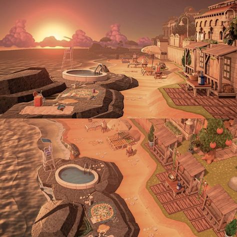 City Aesthetic Animal Crossing, Animal Crossing Resort, Beach Acnh Ideas, Animal Crossing Secret Beach Ideas, Secret Beach Ideas Acnh, Acnh Secret Beach, Beach Animal Crossing, Animal Crossing Beach Ideas, Animal Crossing Build Ideas