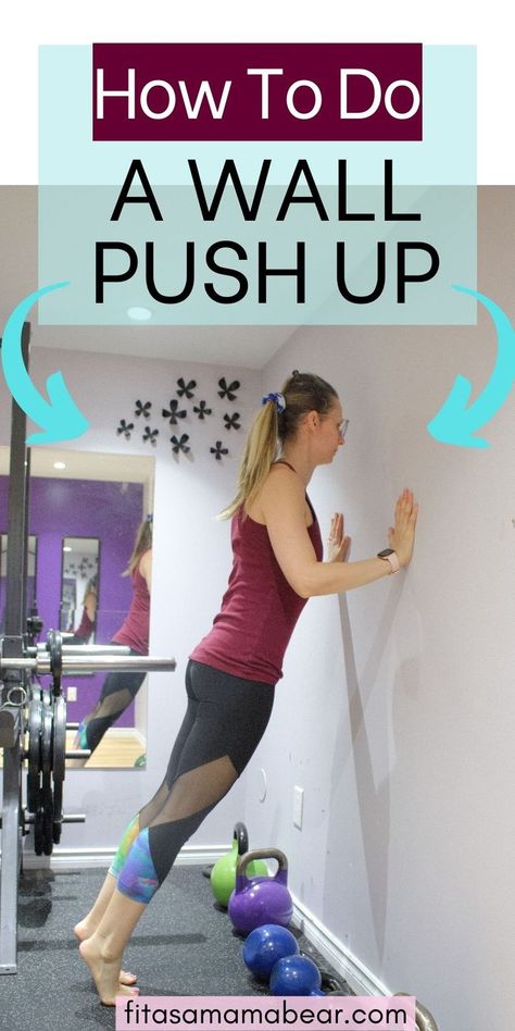 Use this step by step guide on how to do a wall push up and start putting them into your training program! Wall push ups are great for beginners and the first step towards your push up goals @fitasamamabear #pushups #fitness #exercise #fitnesstips Modified Push Up For Beginners, Wall Push Ups How To Do, Wall Pushups, How To Do Pushups, Push Up Beginner, Push Pull Workout, Wall Push Ups, Pectoral Muscles, Fitness Tips For Women