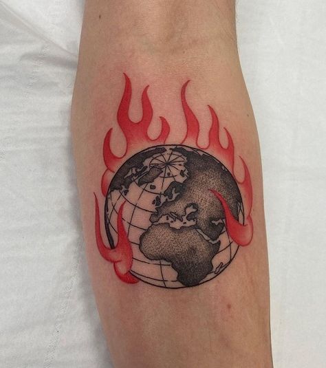 *** camera on fire *** Burning Earth Tattoo, Earth On Fire Tattoo, Flame Chest Tattoo, Man On Fire Tattoo, Climate Tattoo, Brain On Fire Tattoo, End Of The World Tattoo, World On Fire Tattoo, Earth Tattoo Design