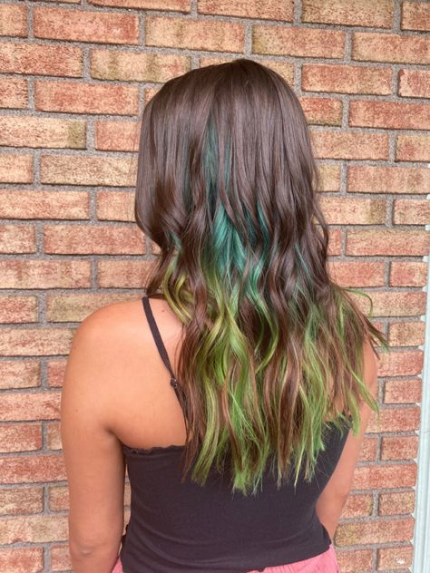 Lime Green Hair, Teal And Lime Green, Hair Falling, Color Extensions, Color Streaks, Peekaboo Hair, Hidden Colors, Fun Hair, Hair Color Techniques