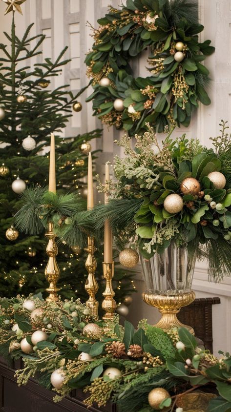 Explore timeless luxury Christmas decor ideas that ensure a beautiful and stylish holiday season in your home. Extravagant Christmas Decorations, Green And Gold Holiday Decor, Green And White Christmas Table Decor, Luxury Holiday Decor, Green And Ivory Christmas Decor, Elegant Garland Christmas, Hall Table Christmas Decor Ideas, Elegant Christmas Ideas, Gold Christmas Garland Ideas