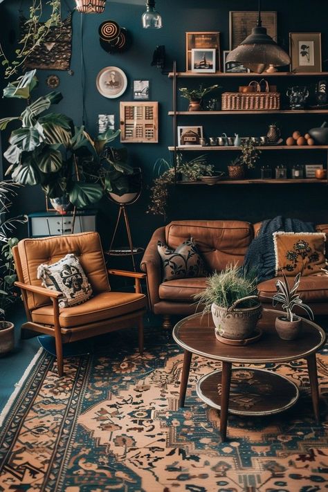 Boho Home Renovation, Dark Jewel Tone Living Room, Dark Rustic Living Room, Dark Boho Living Room, Boho Living Room Inspiration, Moody Living Room, Earthy Living Room, Dark Boho, Studio House