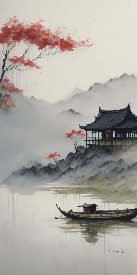 Asian Phone Wallpaper, Chinese Phone Wallpaper, Chinese Wallpaper Backgrounds, China Wallpaper Aesthetic, Japanese Landscape Wallpaper, Japanese Scenery Art, Japanese Style Wallpaper, Japan Watercolor, الفن الرقمي