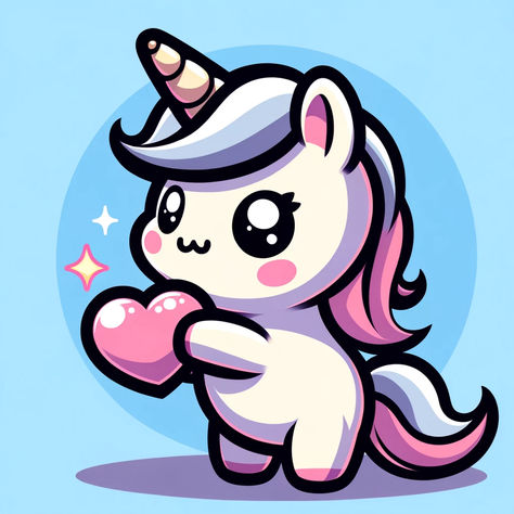 A heartwarming chibi-style unicorn holds a pink heart with care, its pastel mane flowing softly. Set against a tranquil blue background, the image radiates love and kindness. Kawaii Unicorn Drawing, Unicorn Pictures Cute Cartoon, Unicorn Cartoon Image, Unicorn With Rainbow Picture, Chibi Unicorn, Joyful Heart, Magical Unicorn, Cute Unicorn, Cute Profile Pictures