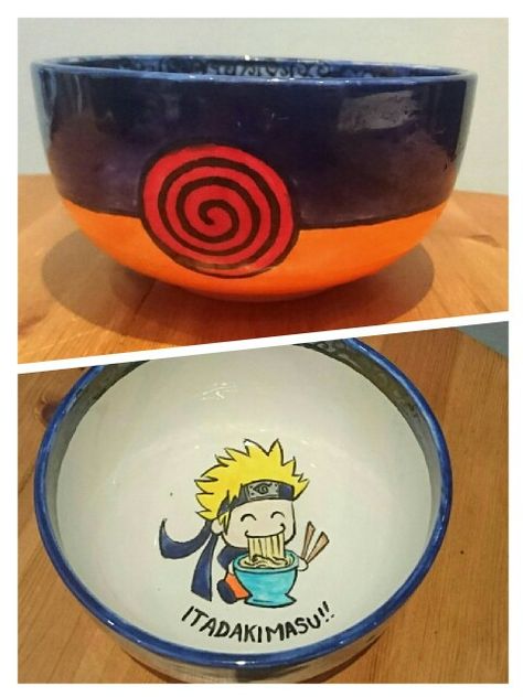 NARUTO! cereal and ramen bowl Naruto Ramen Bowl, Naruto Bowl, Clay Naruto, Naruto Clay Art, Ramen Bowl Pottery Painting, Naruto Pottery, Anime Ceramics, Anime Pottery, Ramen Bowl Ceramic