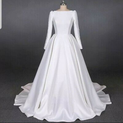 Wedding Dress With Sleeves Satin, Silk Wedding Dress With Sleeves, White Wedding Dress Simple, Satin White Wedding Dress, Satin Backless Wedding Dress, Cathedral Dress, Ball Gown Long Sleeve, Backless Bridal Dresses, Gown Long Sleeve